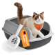 Katze, die in eine graue Katzentoilette mit weißer Schaufel und einem orangefarbenen Anhänger mit der Aufschrift „DEUTSCHE MARKE“ steigt.