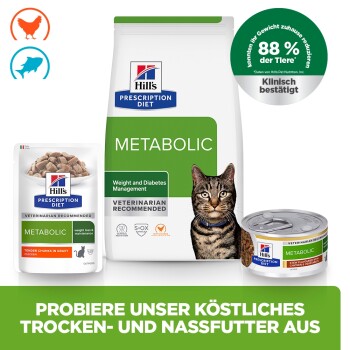 Hill's Prescription Diet METABOLIC Katzenfutter-Sack, -Beutel und -Dose mit einer Katze; Aufschrift 'Gewichts- und Diabetesmanagement'.