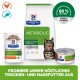 Hill's Prescription Diet METABOLIC Katzenfutter-Sack, -Beutel und -Dose mit einer Katze; Aufschrift 'Gewichts- und Diabetesmanagement'.