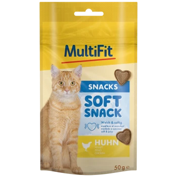 MultiFit Soft Snack für Katzen, mit einer orangefarbenen Tabby-Katze auf der Verpackung, mit herzförmigen Leckereien und dem Text 'Huhn'.
