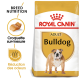 Sac de nourriture pour chien Royal Canin Bulldog Adult présentant une illustration de bulldog, avec un texte mettant en avant la nutrition de la race et la réduction des odeurs.