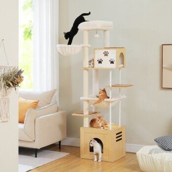 75" moderner großer Katzenbaum mit mehreren Katzen, die klettern und ruhen, Text „Wunderbares Schloss für Ihre Haustiere!“