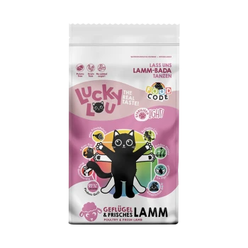 Rosa 'Lucky Lou'-Katzenfutterbeutel mit schwarzer Cartoon-Katze; Text: 'The Real Taste!', 'Food Code', 'Geflügel & Frisches Lamm / Poultry & Fresh Lamb'.