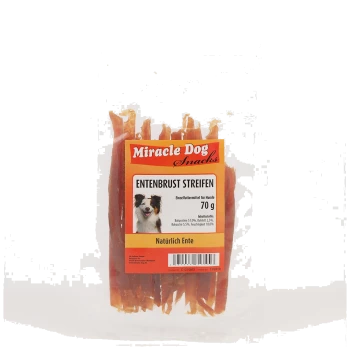 Miracle Dog Snacks Entenbruststreifen 70g natürliche Entenleckerlis für Hunde in durchsichtiger wiederverschließbarer Tüte mit Etikett und Hundeabbildung.