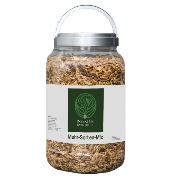 Ein klares Glasgefäß gefüllt mit einer Mischung aus insektengestütztem Haustierfutter, beschriftet mit "INSEKTUS NATUR-FUTTER Mehr-Sorten-Mix" mit einem grünen Logo.