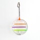 Klares, kreisförmiges Haustierspielzeug mit bunten horizontalen Streifen in Orange, Lila und Grün, befestigt an einer Metallkette und einem Clip.