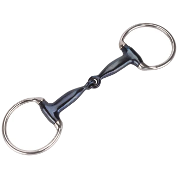 Ein glänzendes, schwarzes Pferdegebiss mit zwei Metallringen an jedem Ende, entworfen für den Reitsport.