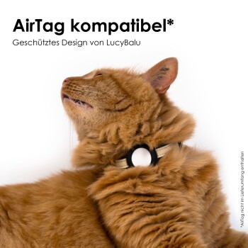Eine flauschige orangefarbene Katze trägt ein beiges Halsband mit einem schwarz-weißen Halter, gekennzeichnet mit "AirTag kompatibel*" und "Geschütztes Design von LucyBalu."