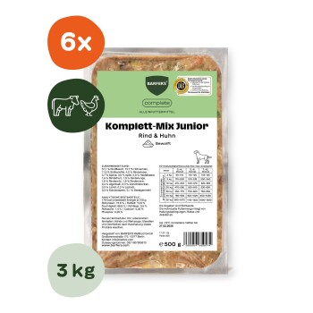 BARFER'S Komplett‑Mix Junior Rind & Huhn Tierfutterpackung, zeigt orangefarbenes '6x'-Symbol, grünes '3 kg'-Symbol und '500 g'-Etikett.