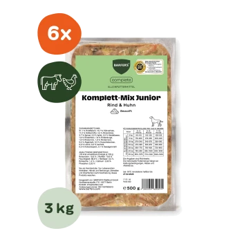 BARFER'S Komplett‑Mix Junior Rind & Huhn Tierfutterpackung, zeigt orangefarbenes '6x'-Symbol, grünes '3 kg'-Symbol und '500 g'-Etikett.