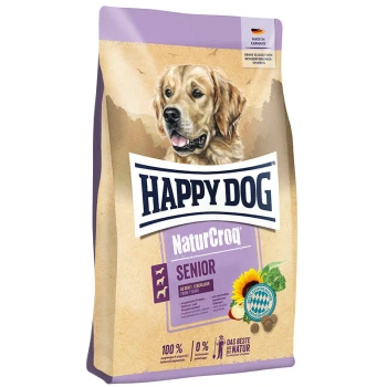 Happy Dog NaturCroq Senior Hundefutterbeutel mit einem Golden Retriever auf der Vorderseite, gekennzeichnet für Hunde ab 7 Jahren.
