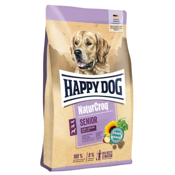 Happy Dog NaturCroq Senior Hundefutterbeutel mit einem Golden Retriever auf der Vorderseite, gekennzeichnet für Hunde ab 7 Jahren.