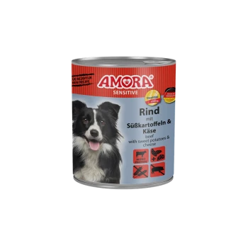 Dose AMORA Sensitive Hundefutter (Rind mit Süßkartoffeln & Käse) mit einem Border-Collie-Bild auf dem Etikett.