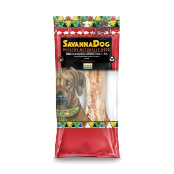 SavannaDog Hundeleckerli-Verpackung mit einer großen Hundegrafik, einem Rinderknochen und dem Text 'Gesund Natürlich Gut' und 'Hypoallergen.'