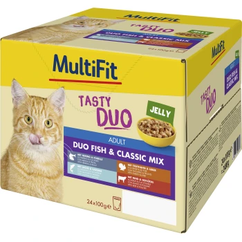 MultiFit Tasty Duo Katzenfutter für Erwachsene in der Dose mit Duo Fish & Classic Mix in Gelee, mit einer orangefarbenen Katze, die sich leckt, und Produktdetails.