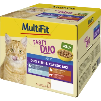 MultiFit Tasty Duo Katzenfutter für Erwachsene in der Dose mit Duo Fish & Classic Mix in Gelee, mit einer orangefarbenen Katze, die sich leckt, und Produktdetails.