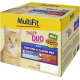 MultiFit Tasty Duo Katzenfutter für Erwachsene in der Dose mit Duo Fish & Classic Mix in Gelee, mit einer orangefarbenen Katze, die sich leckt, und Produktdetails.