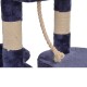 Nahaufnahme eines blauen Katzenbaums mit plüschigem Stoff und mit Sisal umwickelten Kratzpfosten, ideal für Katzen zum Spielen und Ausruhen.
