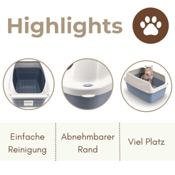 Highlights-Überschrift mit Pfoten-Symbol, drei Bilder von Katzentoiletten; deutscher Text: 'Einfache Reinigung, Abnehmbarer Rand, Viel Platz'.