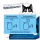 Schwarz-weiße Cartoon-Katze späht über eine blaue Tabelle 'Fütterungsempfehlung'; 1 Beutel/Tag für erwachsene, kastrierte Katzen (4 kg).