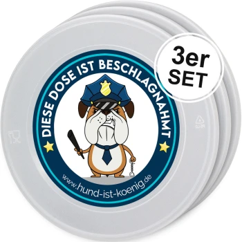 Drei Behälter für Haustierfutter mit einem Cartoon-Bulldog-Polizisten und Text: "DIESE DOSE IST BESCHLAGNAHMT" und "3er SET."