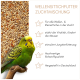 Nahaufnahme von gemischtem Vogelfutter mit einem weißen Kreis, der Zutaten auf Deutsch auflistet: Glanz, Platahirse, Silberhirse, Japanhirse, geschälter Hafer, rote Hirse.