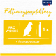 Fütterungsempfehlung für Vögel: 1 Stange pro Woche plus frisches Wasser, mit einer Silhouette eines Vogels und Text in deutscher Sprache.
