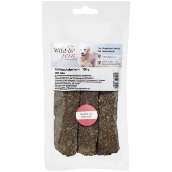Friandises pour chiens dans un emballage transparent, étiquetées "Wild & fein," avec un golden retriever. Le texte met en avant "100% Natur" et "Qualität aus Österreich."