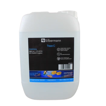 Ein 5000 ml Behälter des Aquarienzusatzes "Trace C" von Silbermann, mit Gebrauchsanweisungen und Inhaltsstoffdetails auf Deutsch.