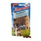 Friandise à mâcher au bœuf pour chiens et chats dans un sac bleu, présentant un chien et un chat sur le devant, avec un texte mettant en avant des ingrédients sans gluten et naturels.