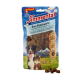 Rindfleisch-Kau-Snack für Hunde und Katzen in einer blauen Tüte, mit einem Hund und einer Katze auf der Vorderseite, mit Text, der glutenfreie und natürliche Zutaten hervorhebt.