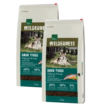 Zwei 12 kg Säcke Real Nature Wilderness Senior-Hundefutter, "Dark Fiord," mit einem Wolfdesign, 60% Fleisch und 40% Gemüse, getreidefrei.