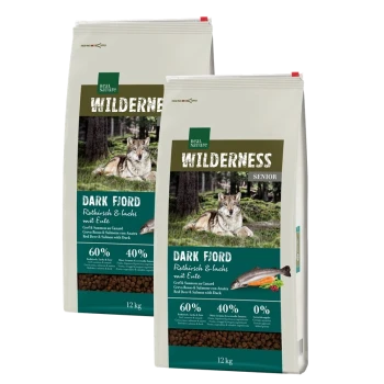 Deux sacs de 12 kg de nourriture pour chiens Real Nature Wilderness Senior, "Dark Fiord," avec un design de loup, 60 % de viande et 40 % de légumes, sans céréales.