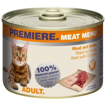 Dose Katzenfutter mit einer Bengal-Katze, beschriftet mit 'Premiere Meat Menu', mit 'Rind mit Huhn' und '100% Frischfleisch.'