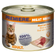 Dose Katzenfutter mit einer Bengal-Katze, beschriftet mit 'Premiere Meat Menu', mit 'Rind mit Huhn' und '100% Frischfleisch.'