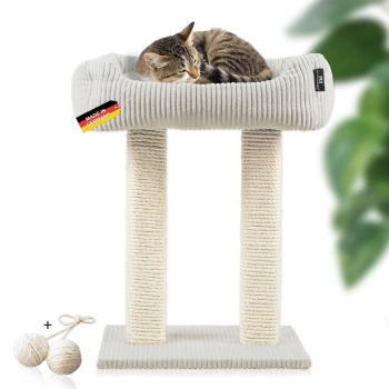 Ein gemütlicher Katzenbaum mit einem weichen, erhöhten Bett und zwei stabilen, mit Seil umwickelten Pfosten, mit einer schlafenden getigerten Katze und zwei enthaltenen Spielbällen.