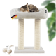 Ein gemütlicher Katzenbaum mit einem weichen, erhöhten Bett und zwei stabilen, mit Seil umwickelten Pfosten, mit einer schlafenden getigerten Katze und zwei enthaltenen Spielbällen.