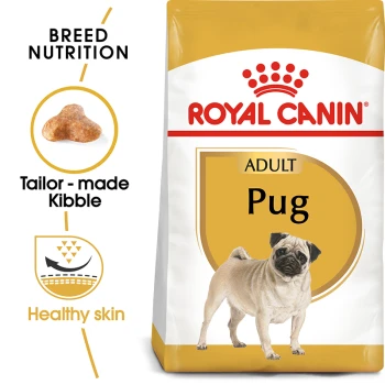 Royal Canin Adult Pug dog food bag featuring a pug illustration, with text highlighting breed nutrition, tailor-made kibble, and healthy skin.