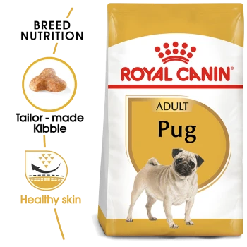 Royal Canin Adult Pug dog food bag featuring a pug illustration, with text highlighting breed nutrition, tailor-made kibble, and healthy skin.