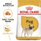 Royal Canin Adult Pug dog food bag featuring a pug illustration, with text highlighting breed nutrition, tailor-made kibble, and healthy skin.