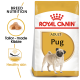 Royal Canin Adult Pug dog food bag featuring a pug illustration, with text highlighting breed nutrition, tailor-made kibble, and healthy skin.