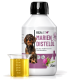 Flasche REAVET Marien Distelöl (250ml) für den Stoffwechsel und die Leberfunktion, mit einem Dackel und einem Messbecher mit Öl.