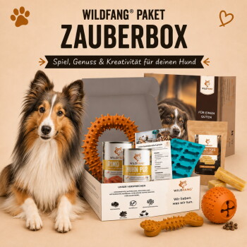 Dose Wildfang Huhn Pur B.A.R.F. Qualitäts-Premium-Hundefutter mit Hühnerbild auf dem Etikett.