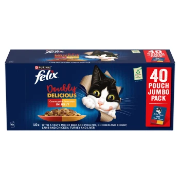 Purina Felix Doubly Delicious 40-pouch jumbo cat food box with peeking black-and-white cat and bowl, 'Countryside in Jelly'