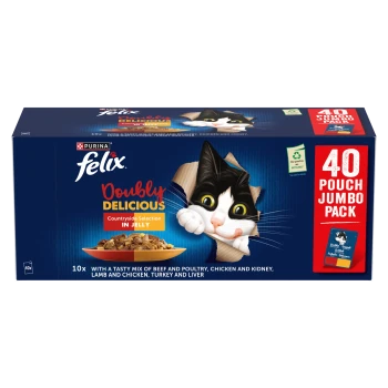 Purina Felix Doubly Delicious 40-pouch jumbo cat food box with peeking black-and-white cat and bowl, 'Countryside in Jelly'
