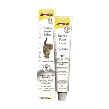 GimCat Taurine Paste Extra tube en doos (Heart & Eye), 50 g, taurine-ondersteunende formule, geen suiker toegevoegd.