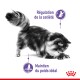 Un chat duveteux est vu de profil, regardant vers le bas. Le texte indique "Régulation de la satiété" et "Maintien du poids idéal" en violet.
