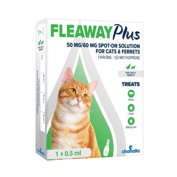 Fleaway Plus 50/60 mg spot-on for cats & ferrets; box with orange tabby, treats fleas, ticks, biting lice, 1x0.5 ml