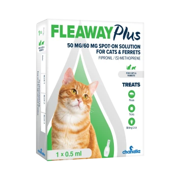 Fleaway Plus 50/60 mg spot-on for cats & ferrets; box with orange tabby, treats fleas, ticks, biting lice, 1x0.5 ml