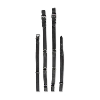 Schwarze Haustiergeschirrriemen ordentlich angeordnet, mit verstellbaren Schnallen und Metallringen für eine sichere Befestigung.